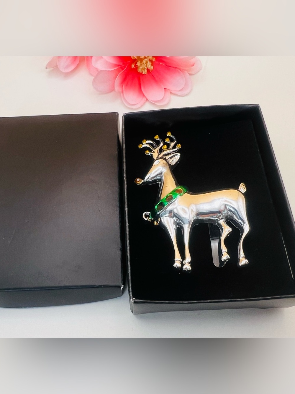Vintage Silver and Green Reindeer Decorative Pin -
